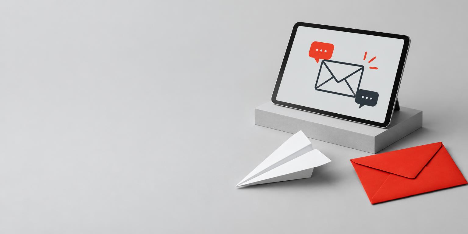 Illustration of messaging symbols on a tablet beside an envelope and paper airplane