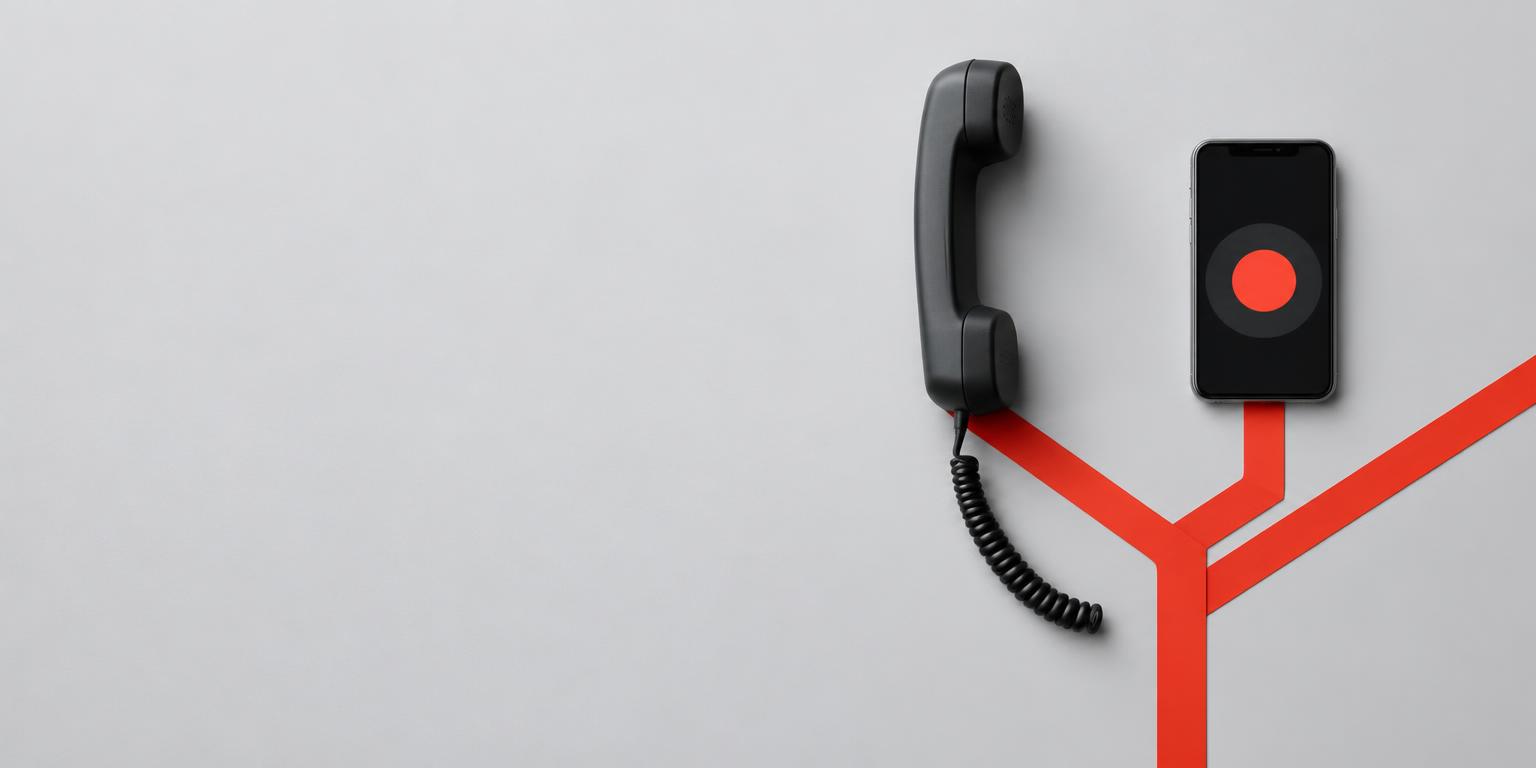 Telephone handset and smartphone connected by red branching paths