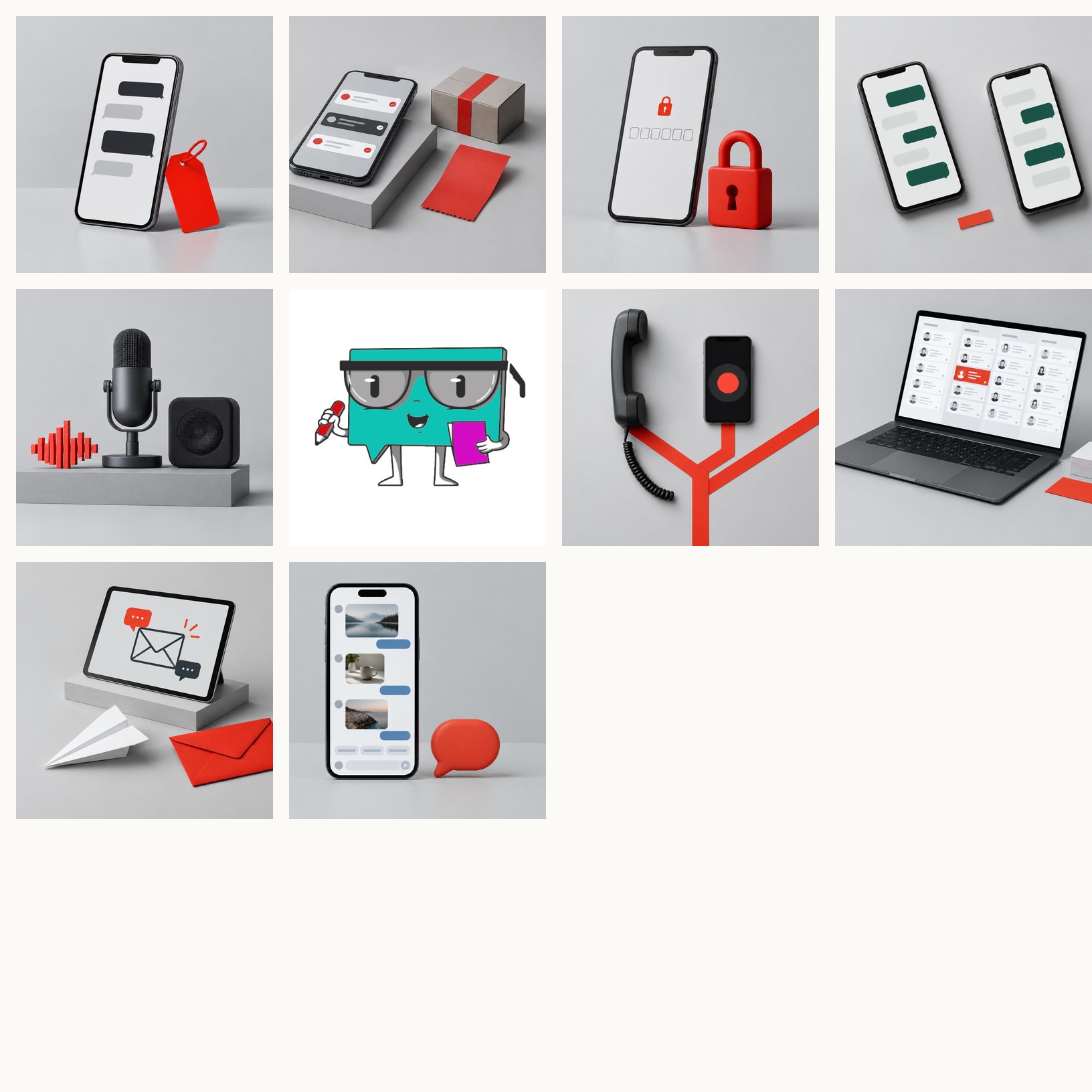 Collage of the eight Ultimate SMS solutions—phones with messages, a padlock, a microphone, a handset, a laptop and a tablet—around the Ultimate SMS mascot on a white square