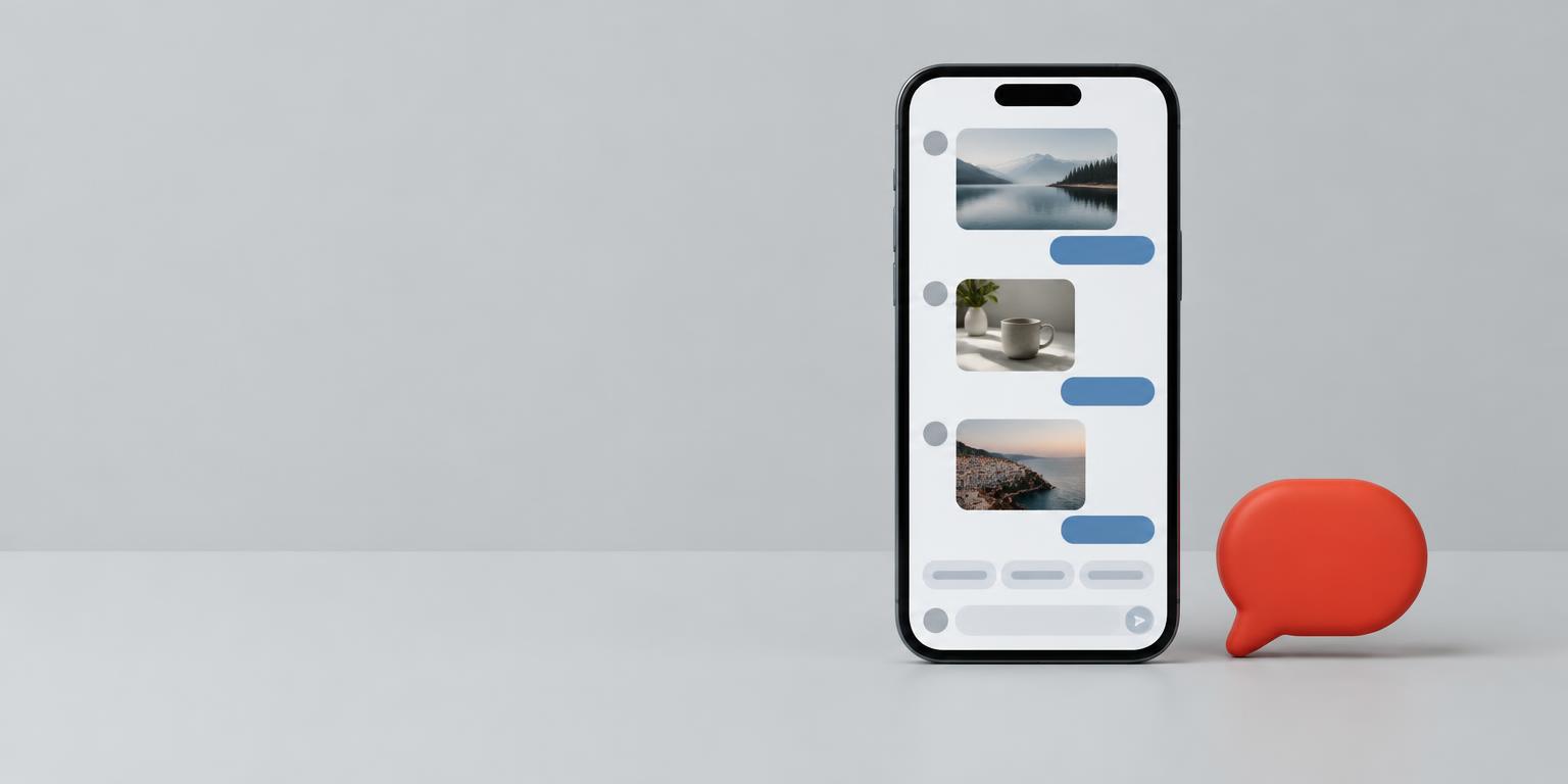 Illustration of a smartphone showing a rich chat conversation beside a red chat bubble