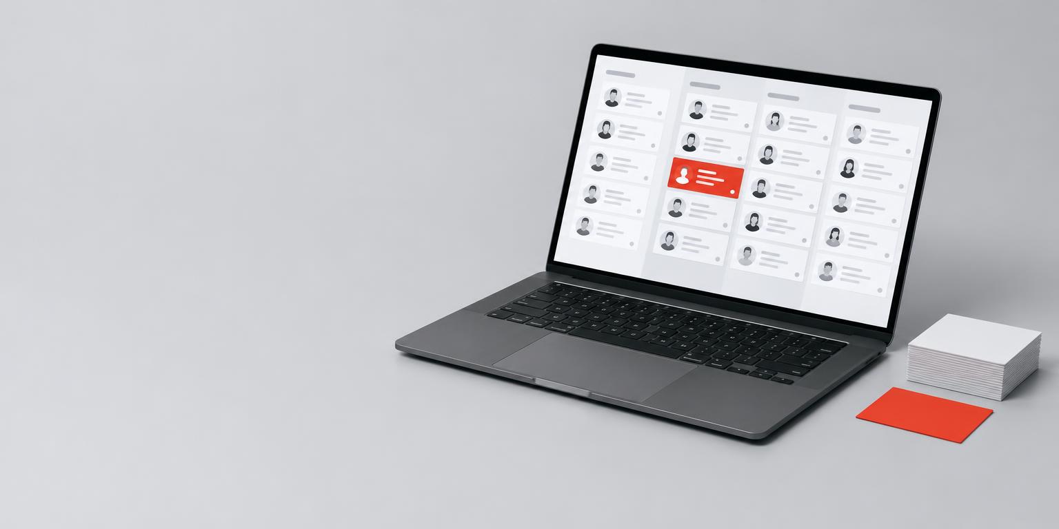 Illustration of customer cards on a laptop beside neatly stacked index cards
