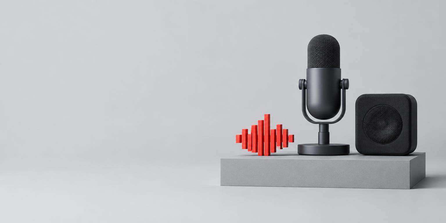 Microphone and speaker beside a red sound-wave sculpture